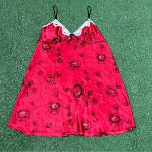 Vintage Red Floral Rose Chemise with Lace